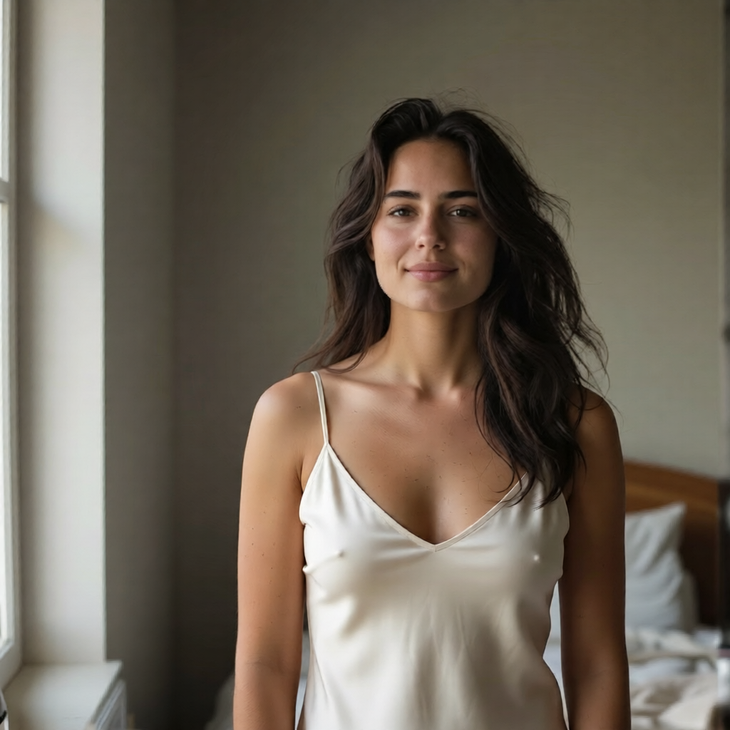 AI-edited result, same woman in cream silk slip dress