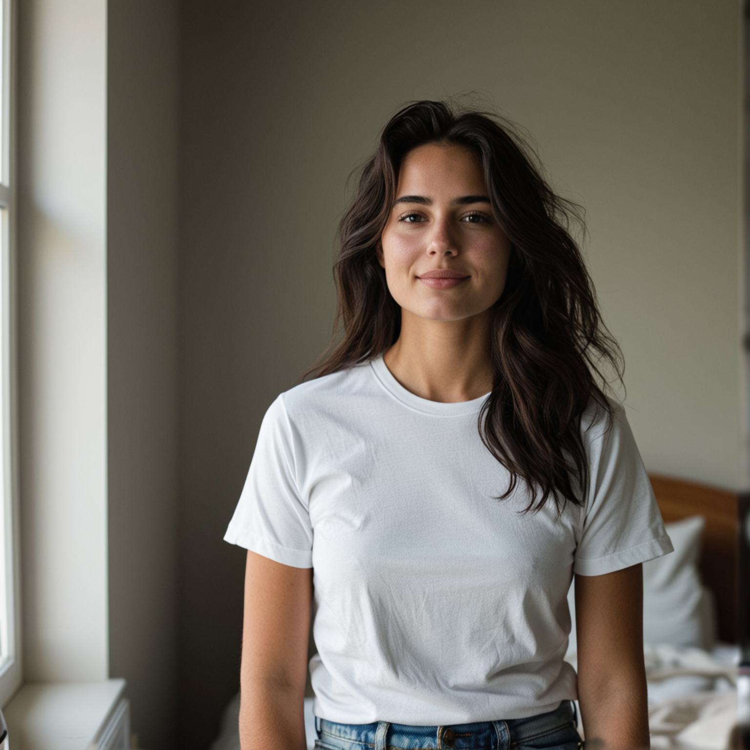 Original photo before AI edit, woman in white t-shirt